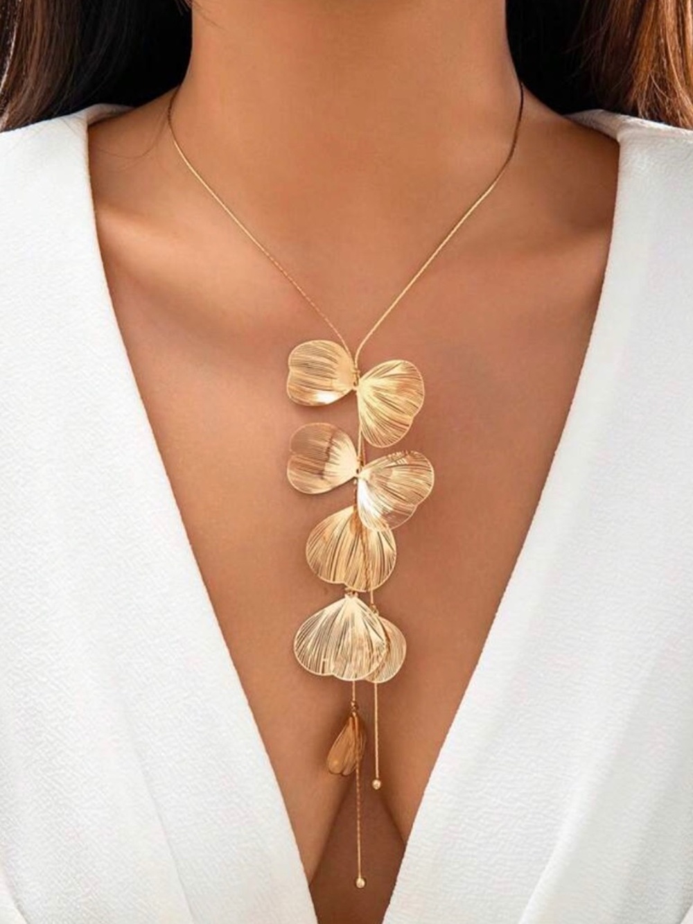 Cascading Gold Floral Petal Statement Lariat Necklace | New